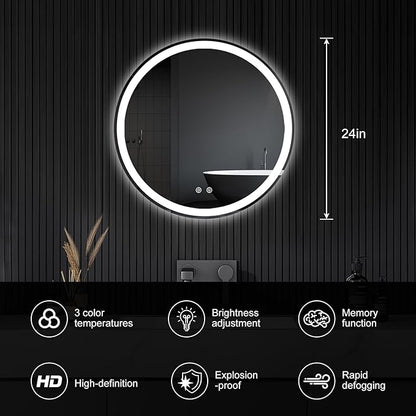 NEWBULIG 24 Inch Round LED Bathroom Wall Mirror with Lights, Light up Vanity Bathroom Mirror for Over Sink, Anti-Fog and Dimmable, Front Light and Backlit, Memory Function, Shatter-Proof, White