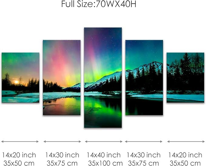 Aurora Borealis Canvas Wall Art Northern Lights Canvas Print Painting for Living Room Snowy-Mountains-Landscape Poster Picture Wooden Framed Prints Ready to Hang (aurora borealis decor17, 70Wx40H)