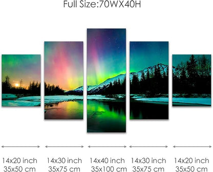 Aurora Borealis Canvas Wall Art Northern Lights Canvas Print Painting for Living Room Snowy-Mountains-Landscape Poster Picture Wooden Framed Prints Ready to Hang (aurora borealis decor17, 70Wx40H)