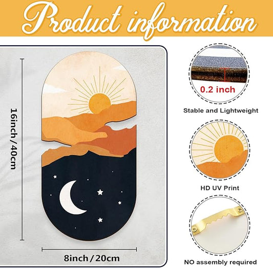 Kas Home Boho Sun and Moon Wall Art Wooden Sunrise Moon Landscapes Nature Wilderness Wall Decor Minimalist Sculpture Hanging Rustic Art Decor For Bedroom Living Room Office(Yellow, 8" x 16")