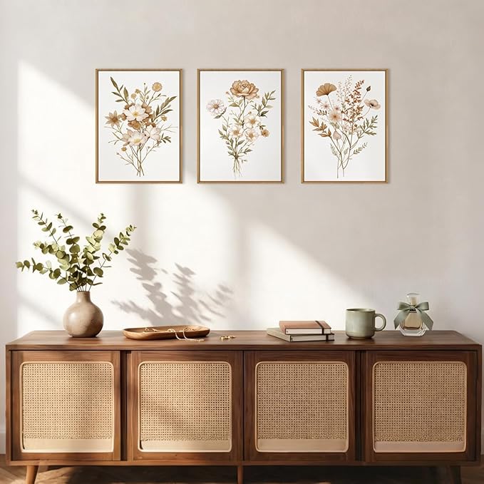 KAIRNE Neutral Boho Floral Framed Canvas Wall Art Set, Vintage Botanical Flower Wall Decor, Minimalist Wildflower Art Prints, Modern Beige Artwork for Living Room, Bedroom, Farmhouse, Office-12"x16"x3
