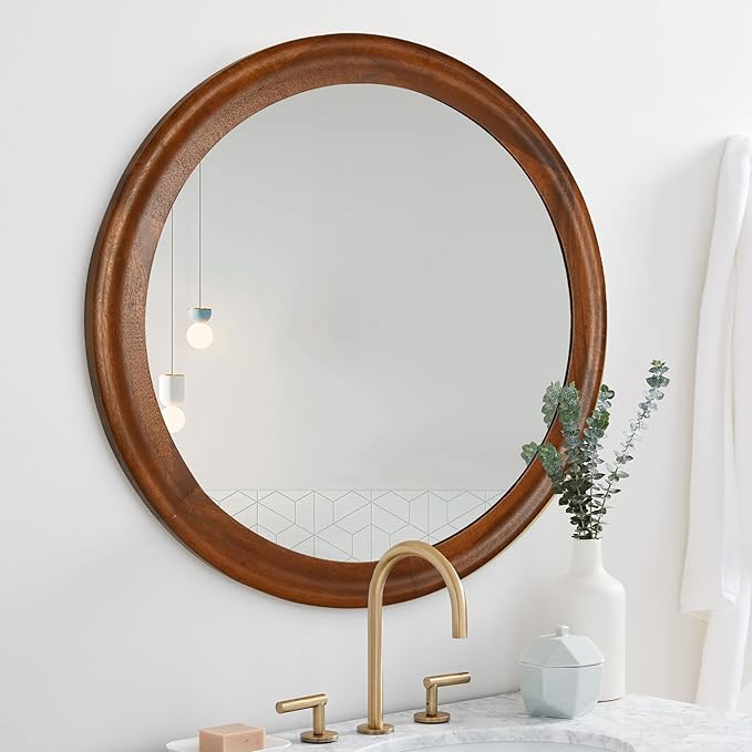 CULER Round Wall Mirrors 24 Inch,Wood Rustic Decorative Transitional Mirror with Walnut Frame for Wall,Farmhouse Hanging Vanity Mirror for Bathroom Bedroom Living Room or Entryway（Walnut Brown）