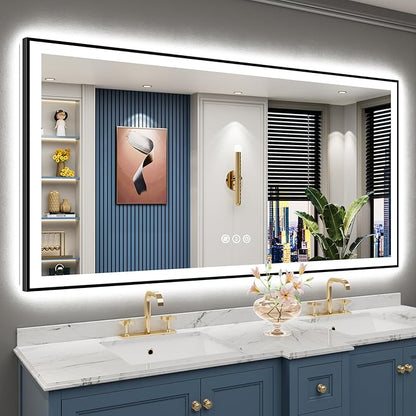68x36 Black Framed LED Bathroom Mirror with Lights, Backlit and Front Lit Anti-Fog Lighted Vanity Mirrors for Bathroom Wall, Dimmable, 3 Colors, Memory, HD Tempered Glass, Horizontal/Vertical