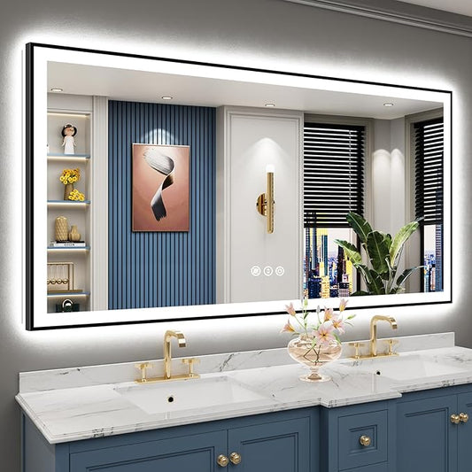 68x36 Black Framed LED Bathroom Mirror with Lights, Backlit and Front Lit Anti-Fog Lighted Vanity Mirrors for Bathroom Wall, Dimmable, 3 Colors, Memory, HD Tempered Glass, Horizontal/Vertical