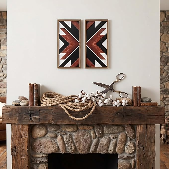 flangairy Southwestern Aztec Wall Decor Native American Wood Wall Art Boho Framed Navajo Tribal Western Modern Boho For Home Living Room Bedroom Bohemian Geometric Frames Hanging Decorations