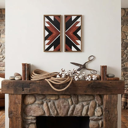 flangairy Southwestern Aztec Wall Decor Native American Wood Wall Art Boho Framed Navajo Tribal Western Modern Boho For Home Living Room Bedroom Bohemian Geometric Frames Hanging Decorations