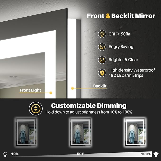 Briivue 24x32 Inch LED Bathroom Mirror with Lights, Backlit & Front Lit, Anti-Fog Lighted Bathroom Vanity Mirror for Wall, Memory Function, Dimmable, HD Tempered Glass, Shatter-Proof