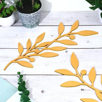 Zzbakress 2 Pieces Black Leaf Wall Decor Living Room, Wooden Vine Olive Branch Leaves Wall Decorations, Wooden Wall Art Decor For Hallway Bathroom Outdoor (Gold)