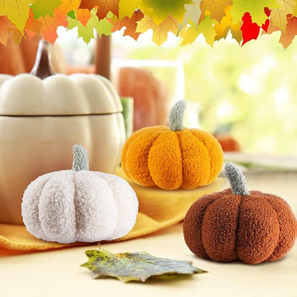 Namalu 3 Pcs Thanksgiving Pumpkin Pillows 3D Throw Cushion Soft Sofa Pillows Stuffed Pumpkin Decoration for Fall Winter Living Room Home Christmas Thank You Gifts(7.87 Inch,White, Yellow, Brown)