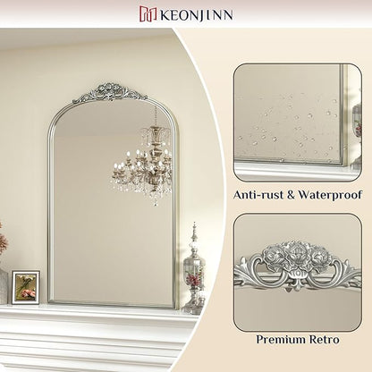 Keonjinn Vintage Mirror 30" x 36", Silver Antique Mirrors for Wall Decor, Arched Decorative Mirror for Mantle, Hallway, Living Room, Fireplace, Bedroom, Bathroom Mirror with French Cleat Mounting