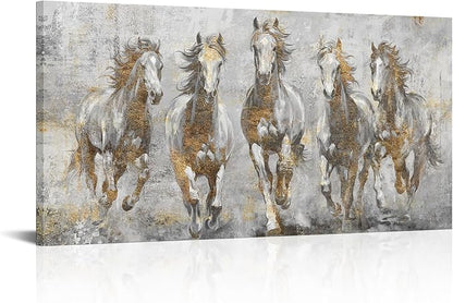 LoveHouse Gray and Gold Horse Wall Art Large Running Horses Canvas Print Horses Painting Wall Decor 24"x48"