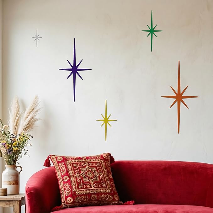 Merriva 5 Pack Colorful Metal Starburst Wall Decor, Mid Century Modern Retro Atomic Star Wall Art Sculptures, Whimsical Eclectic Home Decor for Living Room Bedroom and Playroom