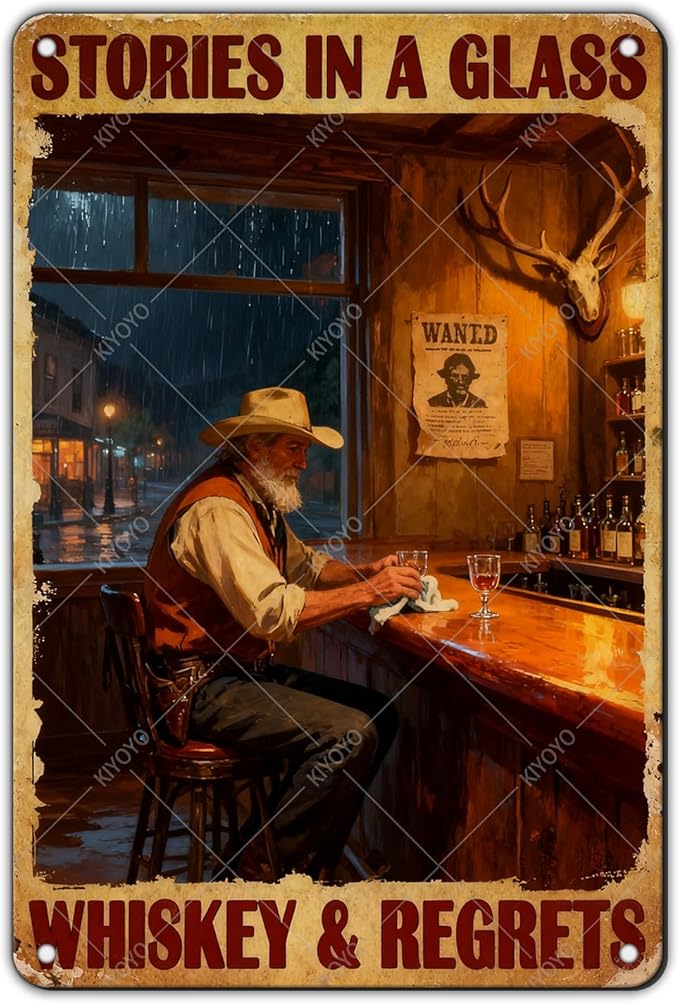 Western Cowboy Metal Tin Sign Rustic Wall Decor Vintage Stories In A Glass Retro Art Iron Painting for Home Bar Man cave 12x8 Inch