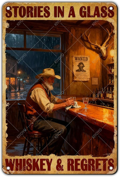 Western Cowboy Metal Tin Sign Rustic Wall Decor Vintage Stories In A Glass Retro Art Iron Painting for Home Bar Man cave 12x8 Inch