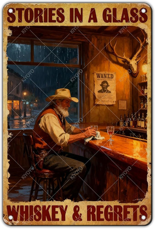 Western Cowboy Metal Tin Sign Rustic Wall Decor Vintage Stories In A Glass Retro Art Iron Painting for Home Bar Man cave 12x8 Inch
