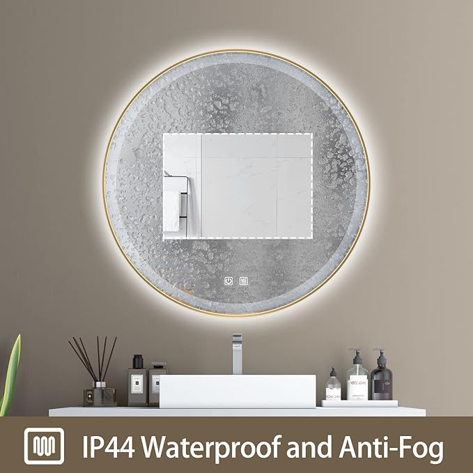 Itrue 36 Inch LED Bathroom Round Mirror, Gold Metal Frame, Adjustable Color Temp & Brightness,Anti-Fog,Shatter-Proof Tempered Vanity Mirror for Wall