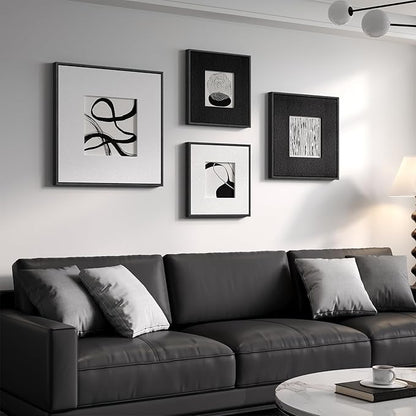 Framed 3D Textured Black and White Abstract Wall Art for Living Room, 4 Piece Modern Paintings Artwork for Walls, Black White Minimalist Pictures for Bedroom Dining Room Hallway Home Office Wall Decor