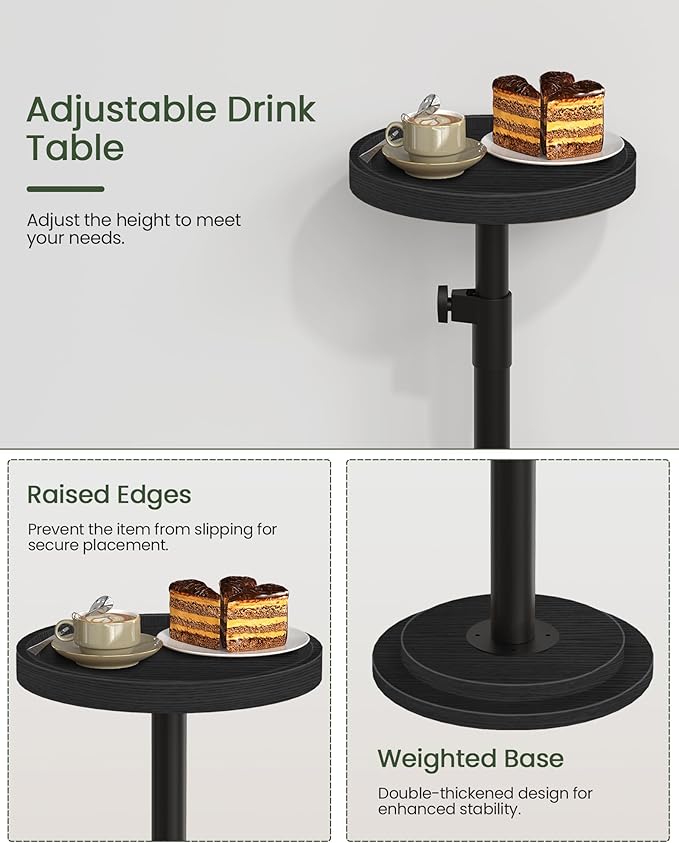 CHOEZON Small Round Side Table, Height Adjustable Drink Table, Pedestal Martini Table with Thickened Base, for Small Space, Sofa, Living Room, Bedroom, Black TBZ31BB