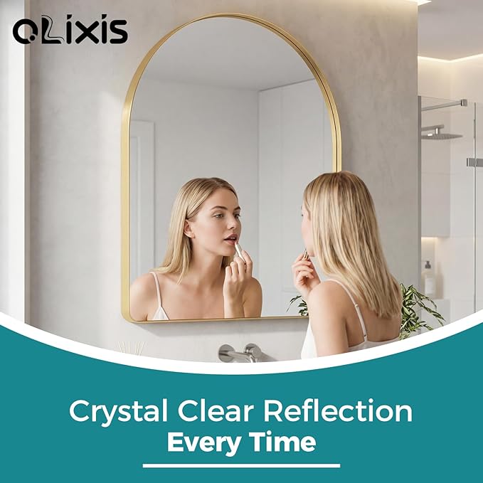 OLIXIS Arched Bathroom Mirror for Over Sink, 34x32 Inch Wall Mirror Arched Rounded Rectangle, Modern Wall Mount Vanity Mirror with Matte Metal Deep Framed, for Home Decor, Living Room, Gold