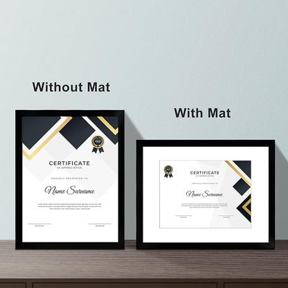 8.5x11 Picture Frame Set of 6, Certificate Document Frame, Diploma Frame, Display Pictures 6x8 with Mat or 8.5x11 Without Mat, Black