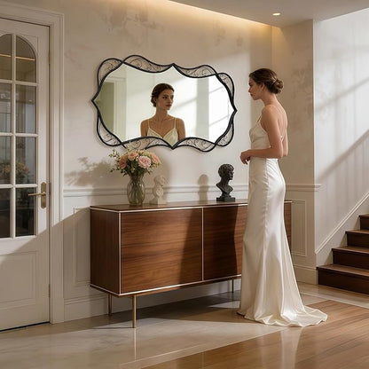 Besdomus Large Bathroom Black Mirror: 30"x60" Scalloped Modern Long Full Length Vanity Wall Mirror - Farmhouse Decorative Vertical or Horizontal Hanging for Living Room/Bathroom/Hallway/Bedroom