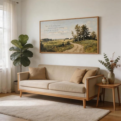CHDITB Trust in the Lord Provervs 3:5-6 Bible Verses Wall Art Framed, Neutral Farmhouse Countryside Landscape Scripture Canvas Artwork, Large Vintage Religious Biblical Nature Scenery Field Wilderness Painting Decor for Living Room Office (40"L x 20"W)