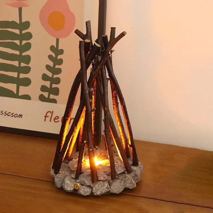 LED Campfire Light with Flame Sound - USB Rechargeable, 3 Modes, Realistic Flame & Stone Design, Creative Handcrafted Ambient Night Light for Holidays & Home Decor (L)