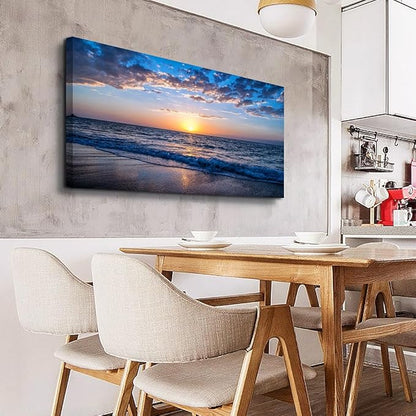 Wapluam Beach Wall Art Blue Sea Coastal Sunset Natural Scenery Picture Print On Canvas Ocean Seascape Canvas Print Artwork for Living Room Bedroom Kitchen Bathroom Home and Office Wall Decor 20" x 40"