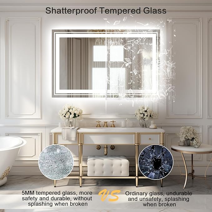 WTTY 60"x30" LED Bathroom Mirror with Lights, Backlit and Front Lighted Bathroom Vanity Mirrors Wall Mounted, Double LED Vanity Wall Mirror for Bathroom with Anti-Fog, Dimmable, Memory, Shatter-Proof