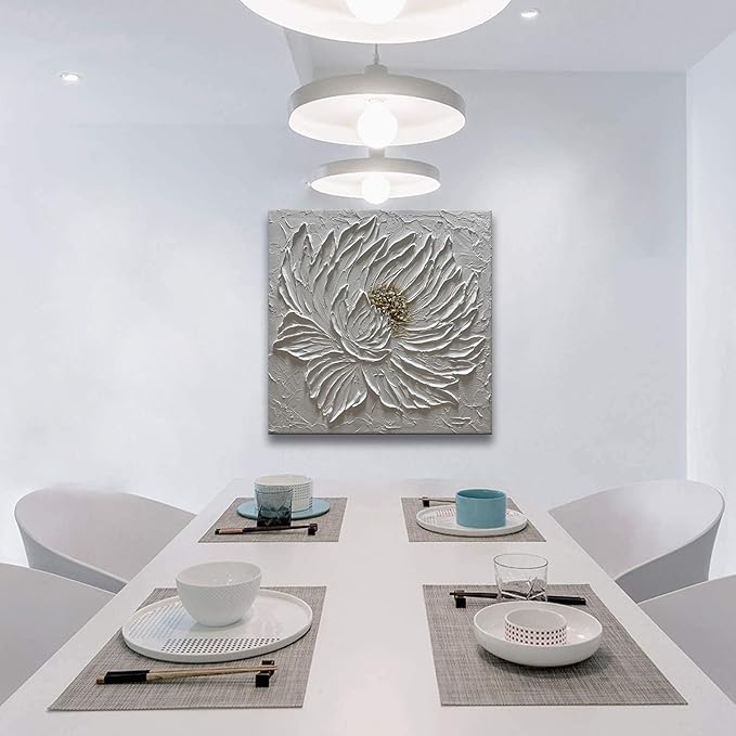 Slyart Handmade White 3D Floral Canvas Wall Art 24x24 Inches Abstract Flower Paintings Modern Contemporary Texture Wall Art White Artwork for Home Decorations
