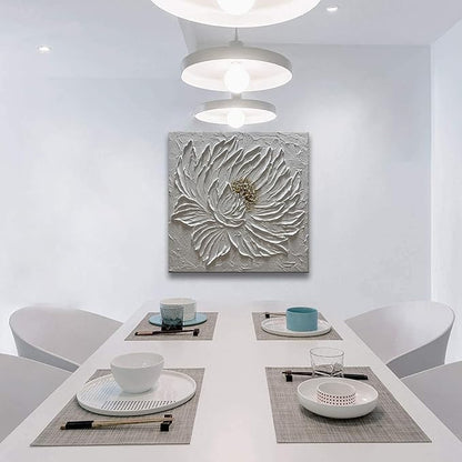 Slyart Handmade White 3D Floral Canvas Wall Art 24x24 Inches Abstract Flower Paintings Modern Contemporary Texture Wall Art White Artwork for Home Decorations