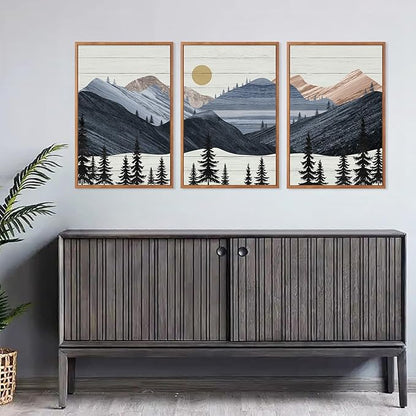 KAIRNE Mountain Canvas Wall Art,Abstract Landscape Wall Decor Set of 3(16”X24”),Sunrise Pine Forest Nature Prints,Wilderness Scenery Pictures for Living Room Bedroom Farmhouse Office Decor,Framed