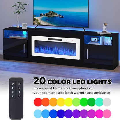 Lemberi Fireplace tv Stand with 36 inch White Fireplace Up to 90" TVs, LED Light Entertainment Center and Storage, 80" Modern Wood Media TV Console with Highlight Cabinet for Living Room (Black)
