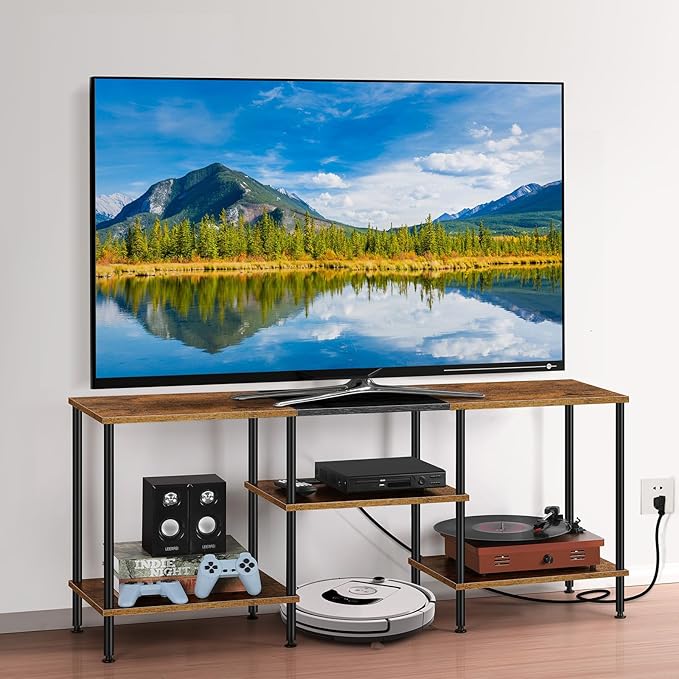 TV Stand for Bedroom 50 Inch TV Stand with Power Outlet 3 Tier Entertainment Center with Storage TV Console Table for 50 43 40 32 Inch TV, Rustic Brown