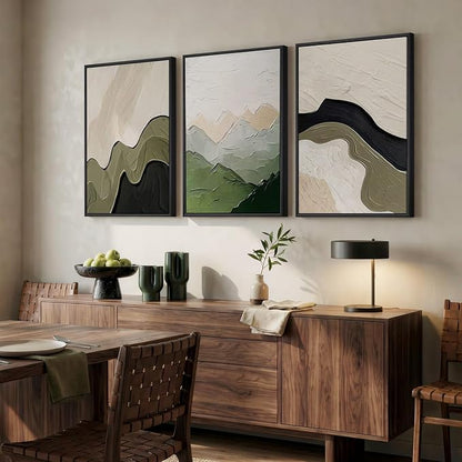 Framed Green Abstract Wall Art for Living Room, 3 Piece Large Neutral Black and Beige Artwork for Walls, Modern Minimalist Abstract Canvas Prints Paintings for Bedroom Home Office Wall Decor, 24x36 In