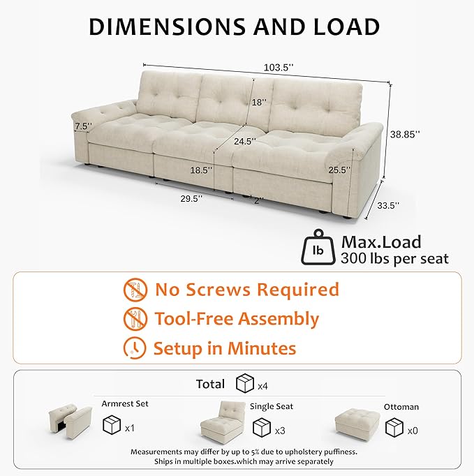 Oversized Modular Sectional Sofa with Storage, Modern Deep Seat Cloud Couch for Living Room, L-Shaped Large Sectional Couch, 3 Seater, Beige
