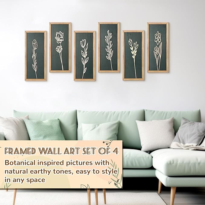 Wesiti 6 Pcs Boho Wall Art Wooden Floral Wall Decor Minimalist Botanical Print Art Decor for Rustic Vintage Farmhouse Home Living Room Bedroom Bathroom Kitchen Decoration, 15.75 x 6.69 Inch (Green)