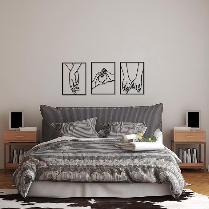 EDCIJB 3 Pcs Minimalist Heart Hands Black Metal Wall Decor Single Line Wall Art Abstract Metal Wall Art Decor for Bedroom Livingroom,Bathroom,Decor for Couples