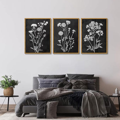 KISSFOX Framed Floral Botanical Canvas Wall Art Vintage Black Background Plant Poster Prints Set of 3 Grey and White Wildflower Painting Modern Farmhouse Decor Pictures Living Room Bathroom Bedroom (Black Floral, 16"x24" Natural Framed)