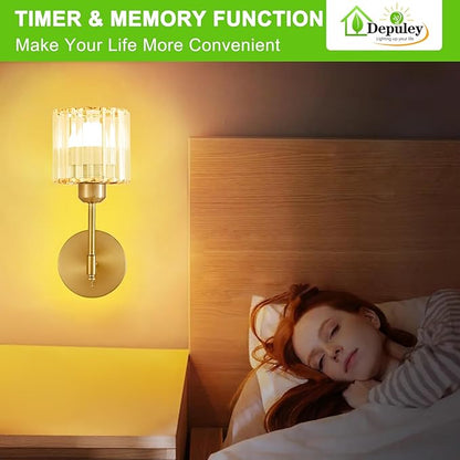 Depuley Battery Operated Wall Sconce: Set of 2 Wireless Crystal Wall Lights with Remote for Bedroom - Rechargeable 15 Colors Gold Wall Lamp for Living Room Hallway Home Decor