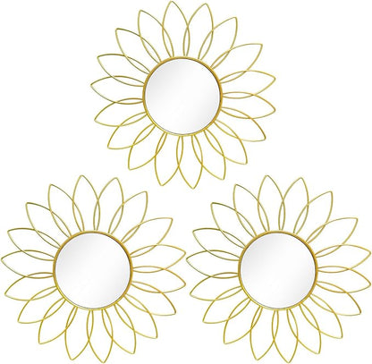 3 Pack Metal Mirrors for Wall Sunburst Wall Mirrors Home Décor Decorative Hanging Wall Art for Living Room Bedroom Entryway (Gold2, Flowers)