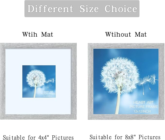 HEART ART 8x8 Picture Frame Set of 9, Display Pictures 4x4 with Mat or 8 x 8 without Mat, Multi Collage Gallery Square Photo Frames for Wall,Gray
