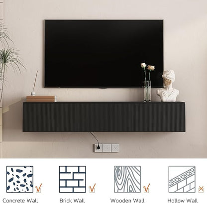 KEIKI 65" Floating TV Stand Wall Mounted with 16 Color LEDs & Power Outlets for TVs Up to 70 Inch, Wooden Media Console Entertainment Center Television Table Cabinet for Living Room, Bedroom