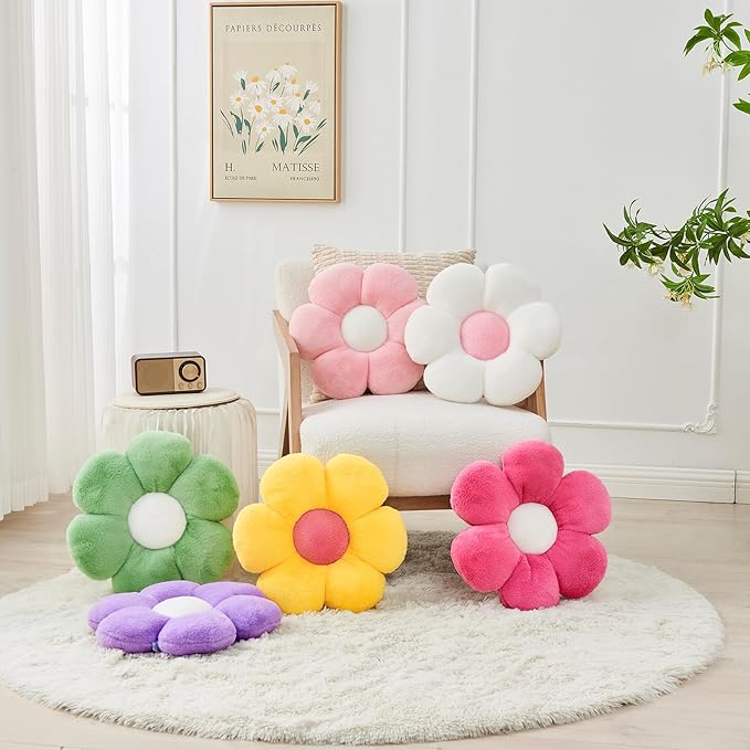 2 Pcs Flower Throw Pillow,15.7'' Daisy Flower Shaped Pillows Set with Faux Rabbit Fur,Soft Flower Plush Throw Pillow Cushions for Bed Sofa Couch Home Decor(White+Purple)