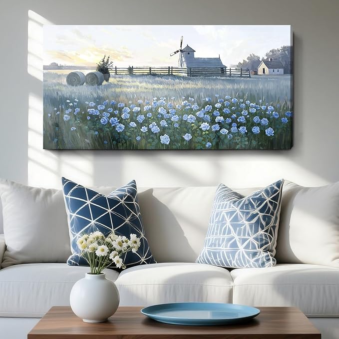Large Framed Rustic Farmhouse Wall Art, Blue Flower Field Windmill Landscape Canvas Print, Modern Nature Country Decor Painting For Living Room Bedroom Bathroom Home Office, Ready To Hang 48X24 Inch
