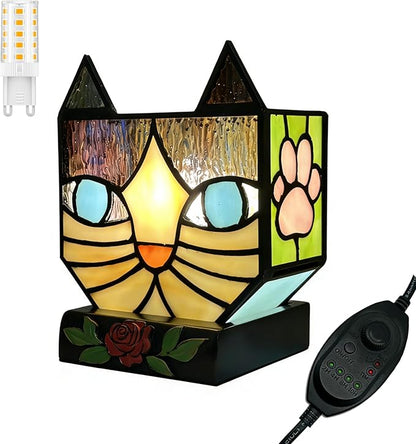 Stained Glass Cat Lamp, Tiffany Style Table Lamp with 24H Cycle Timer, Small Table Lamp with Dimmable Timing Function, Cat Gifts for Women,Cat Lovers,Cat Remembrance Gifts
