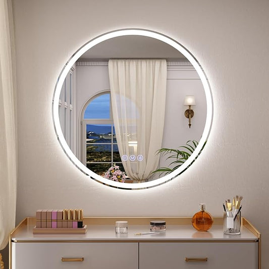 BEAUTYPEAK 40x40 LED Round Bathroom Mirror with Lights, Anti-Fog, Dimmable, Backlit + Front Lit, Lighted Bathroom Vanity Mirror for Wall, 3 Colors, Memory Function, Tempered Glass, Shatter-Proof
