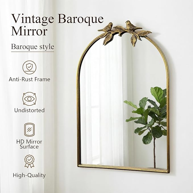 Gold Baroque Vintage Mirror for Vanity 24x35Inch Gold Antique with Ornate Frame, Arched Vintage Wall for Bathroom, Living Room, Fireplace, Entryway