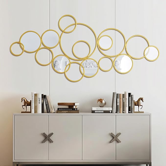 PERHOM Multiple Circles Wall Mirror - 58"x27" Large Gold Modern Decorative Mirror for Home Decor - Thick Metal Framed Split Wall Art Sculptures for Living Room, Entryway, Bedroom, Dinner Room