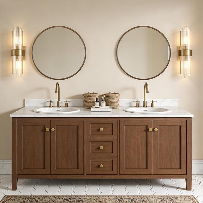 WallBeyond Wood Round Mirror with Wood Frame 24 inch Circle Wall Mirror for Bathroom Round Wall Mirror for Wall Decor, Vanity, Entryway Living Room (Walnut)